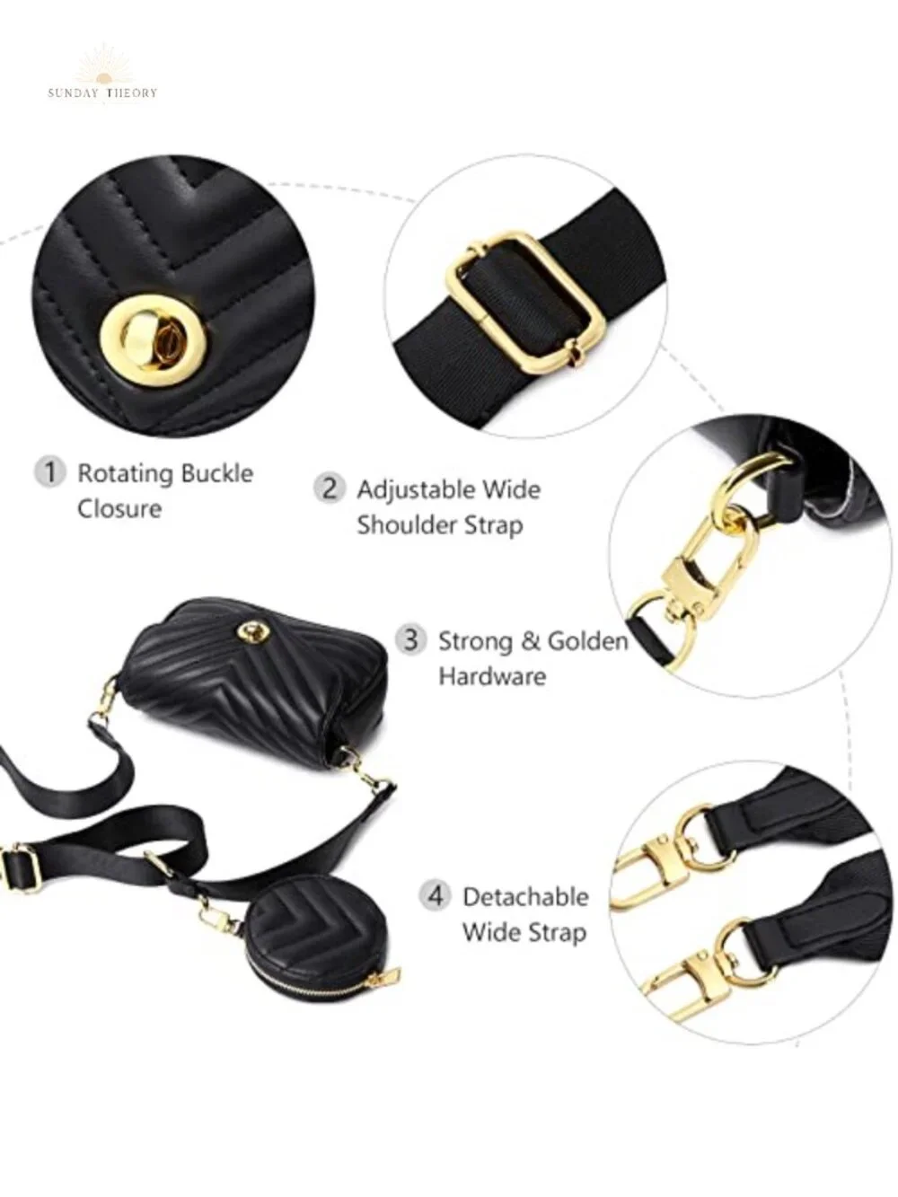 Quilted Faux Leather Crossbody Bag with Chain Strap, 3-Piece Set